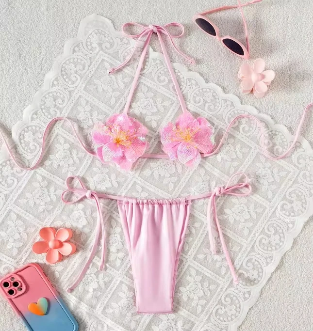 

S - XL New Shiny 3D Flowers Halter Bikini Female Swimsuit Women Swimwear Two-pieces Bikini set Bather Bathing Suit Swim