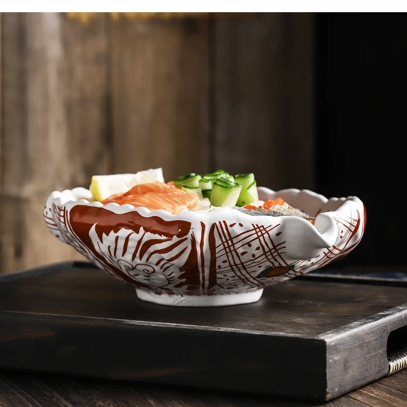 10 Inch Japanese Art Stone Pattern Ceramic Cooking Salad Bowl  Minimalist Home Irregular Sashimi Plate Special-shaped Sushi