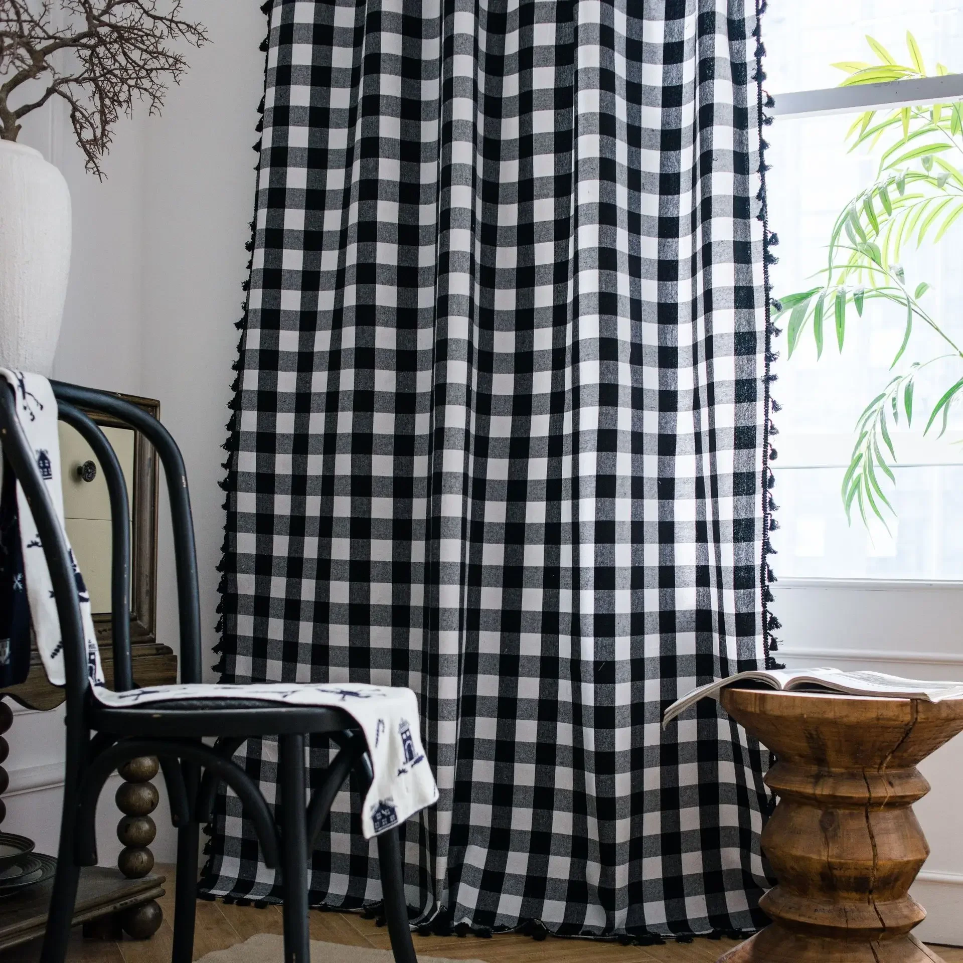 Semi-Blackout Windows Vintage Curtains for Bedroom Drapes in Living Room Black and White Squares Tassel Farmhouse Home Decor