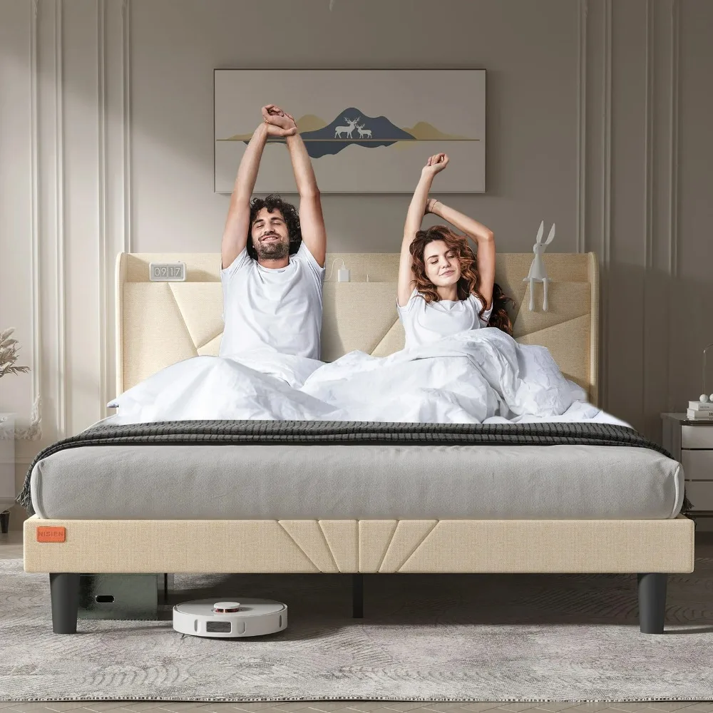 Queen Bed Frame with Charging Station, Upholstered Platform Bed with Wingback Storage Headboard, Beige image 6