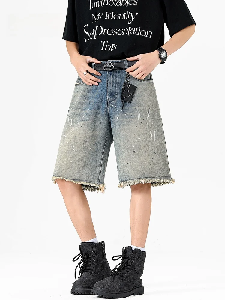 

Ретро американский модный бренд, джинсовые orts, мужские летние трендовые свободные пляжные брюки с пятью точками, прямые повседневные брюки