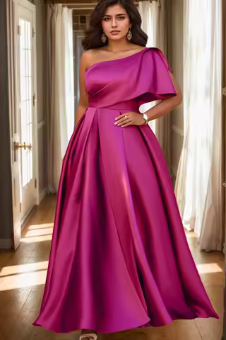 Plus Size Women's Evening Dress One Sleeve Pleated A-Line Elegant Wedding Guest Cocktail Maxi Dresses Off Shoulder Formal Dress