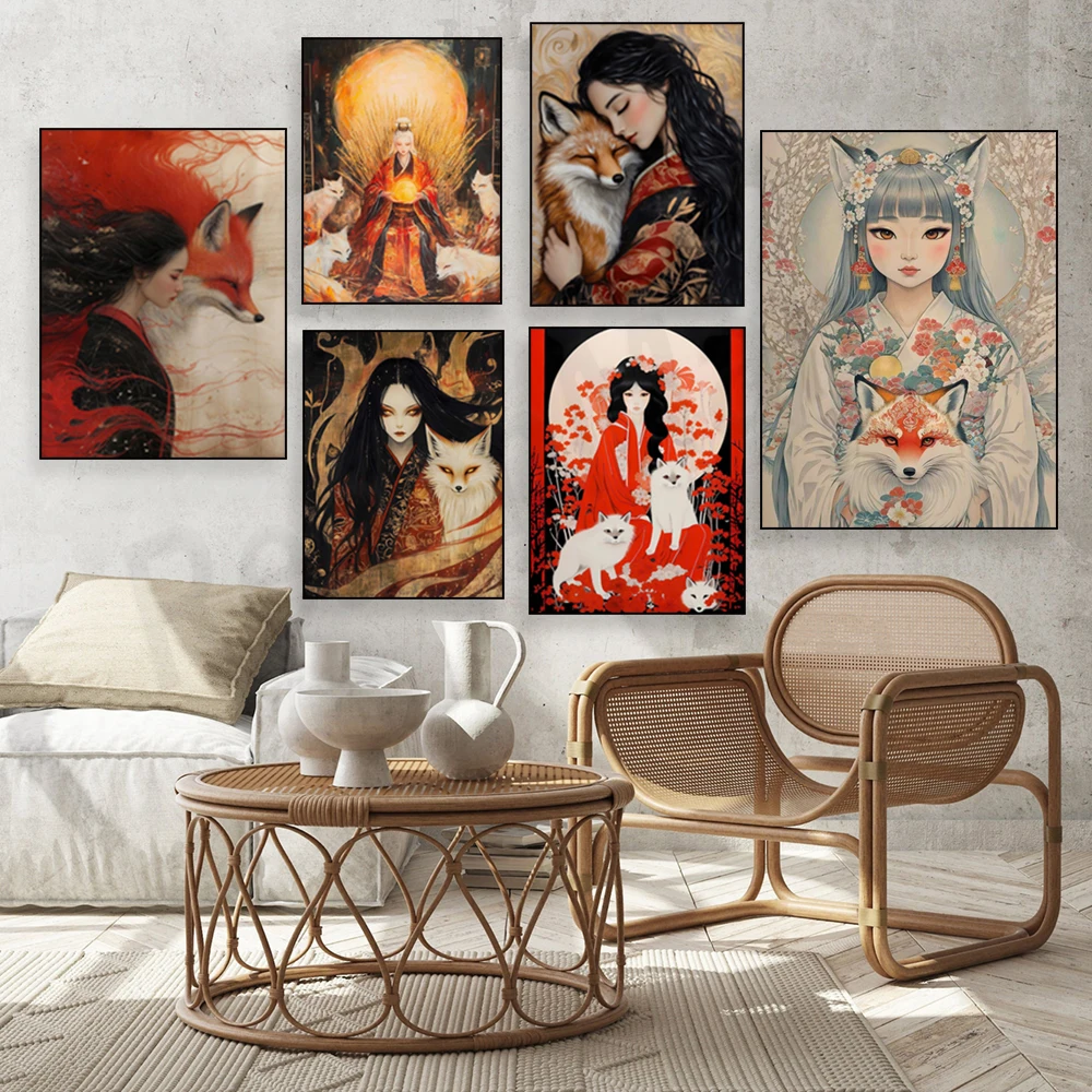 Inari Okami print, Inari art, Inari god, Japanese mythology, Japanese fox goddess, wall art sacred feminine, Art Nouveau poster