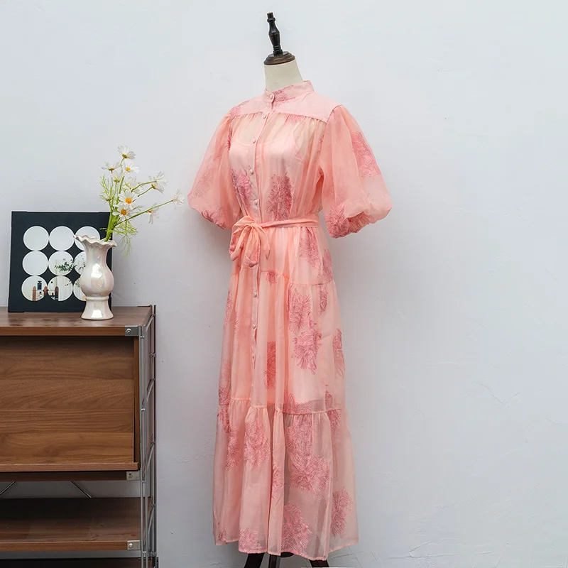 

Elegant Summer Long Dress for Women Fashion Embroidery Mesh Patchwork Stand Collar Short Sleeve Lace-Up Loose Fit Robes
