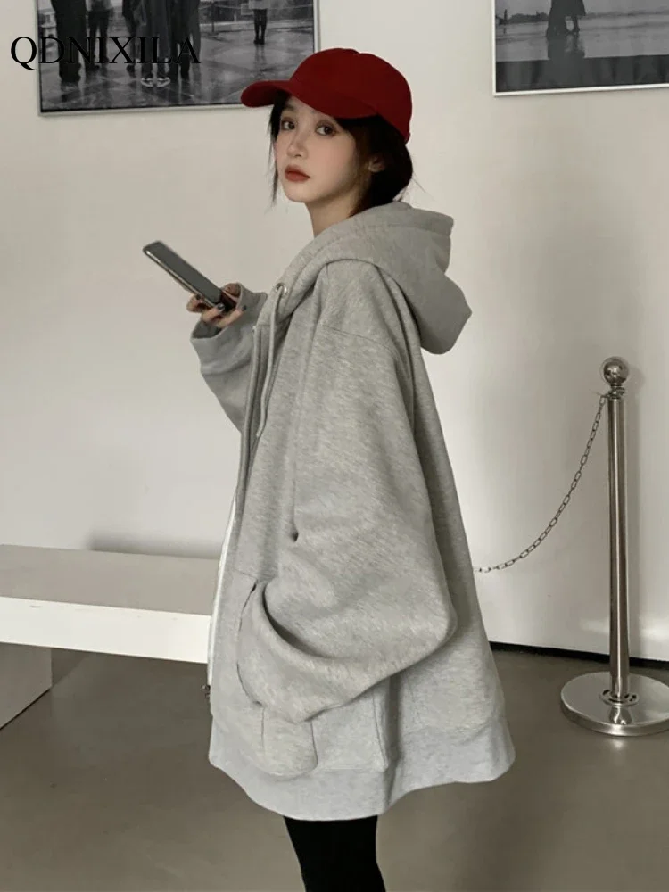 2024 Spring New Women\'s Sweatshirts Hoodies Zip Korean Streetwear y2k Oversize Loose top Lazy Vintage Gray Jacket Woman Clothes