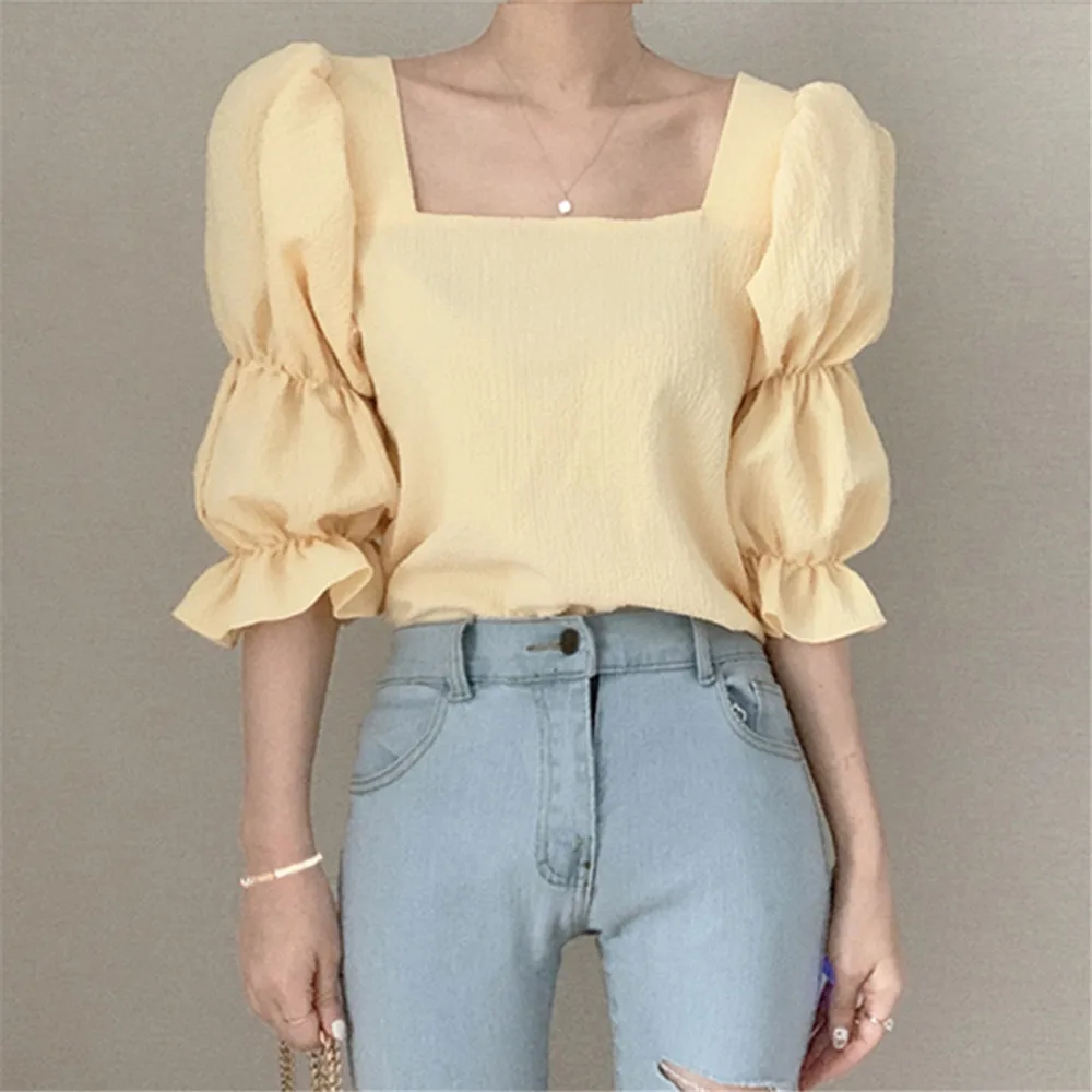 Woman ClothingSlim-Fit And Slim Chiffon Shirt For Women, Collarbone Pleated, Square Collar, Bubble Sleeve, Summer, New, 2024