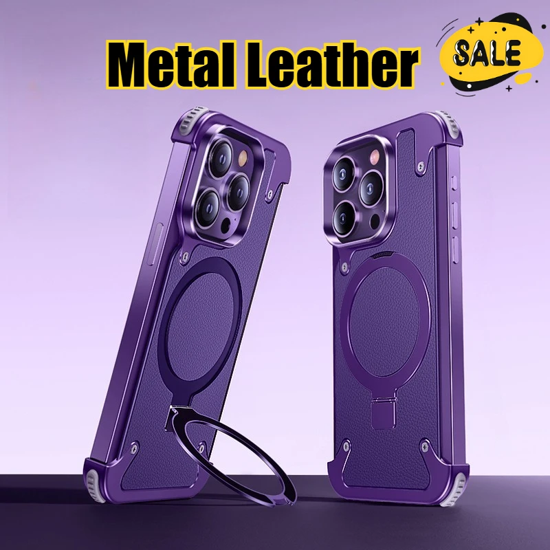 

Metal Leather Finger Ring Bracket Magnetic Phone Case for Iphone 16 15 14 13 Pro Max Shockproof Rimless Protector Cover