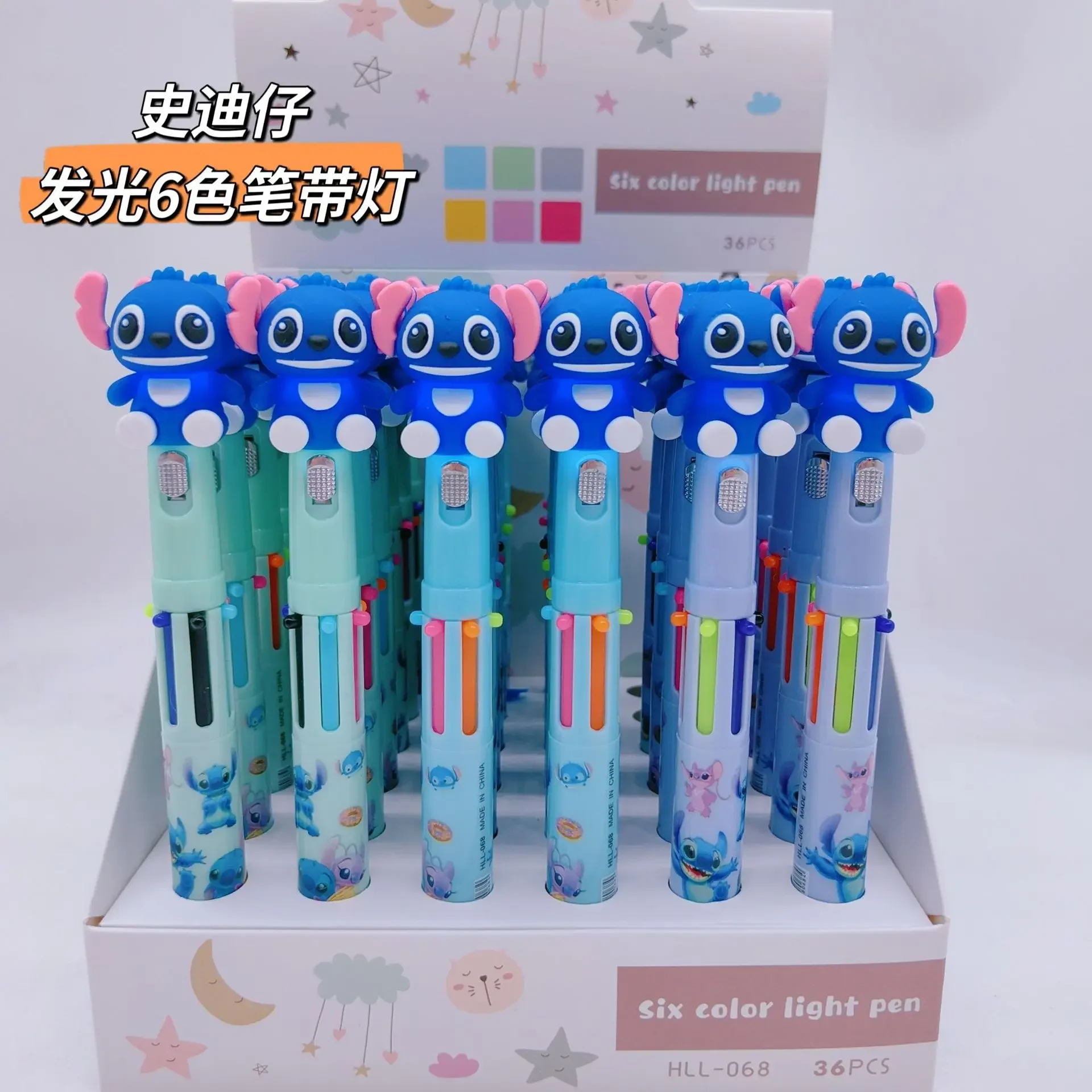 Disney Stitch Glowing 6 Color Pen Cartoon Multicolor Ballpoint Pen Student Stationery Writing Tools Supplies Ballpoint Pens Gift