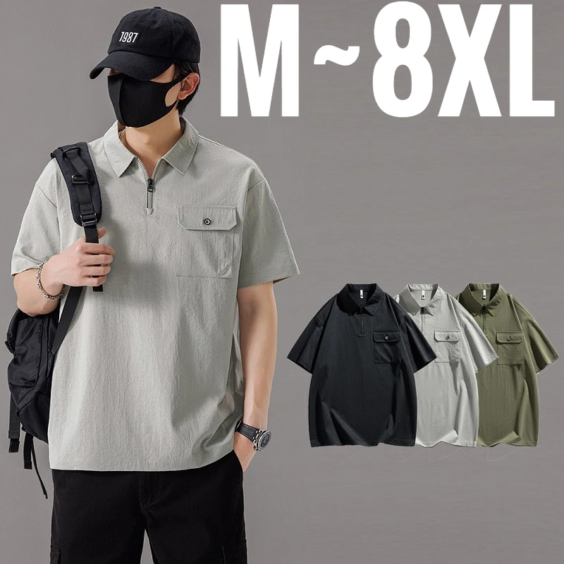 Korean Style Plus Size Men's Oversize Polo Shirts Half Zip Up Trend Tops Male Big Large 8XL Summer Cool Quick Dry Pocket Fashion