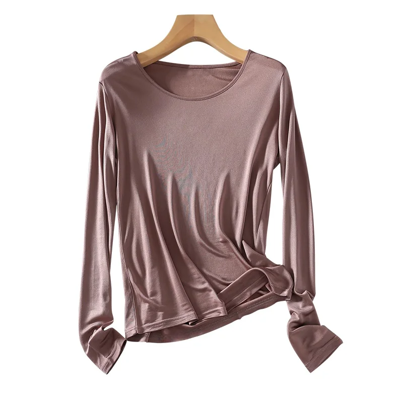 

Silk Knitted Base irt T-irt Women High End Silk Knitted Long Sve Classic round Ne Slim Fit Versatile Top