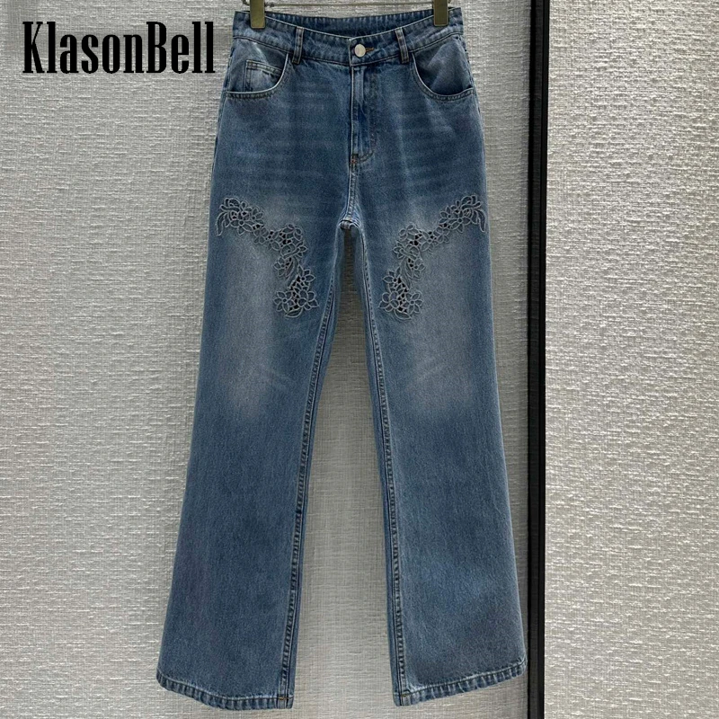 

5.28 KlasonBell Fashion Flower Embroidery Hollow Out Washed Denim Pants Temperament All-matches Flare Jeans Women