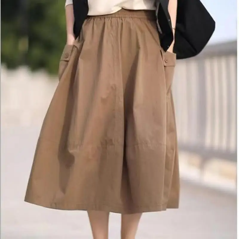 New Arrival Spring Autumn Arts Style Women Elastic Waist Loose A-line Skirt All-matched Casual Double Pockets Solid Long Skirt