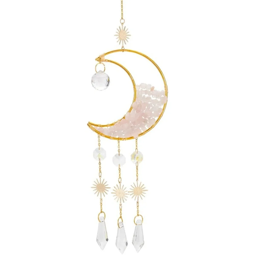 Crescent Moon Crystal Suncatcher with Natural Rose Quartz Beads, Window Hanging Prism Ornaments Crystal Glass Suncatcher for