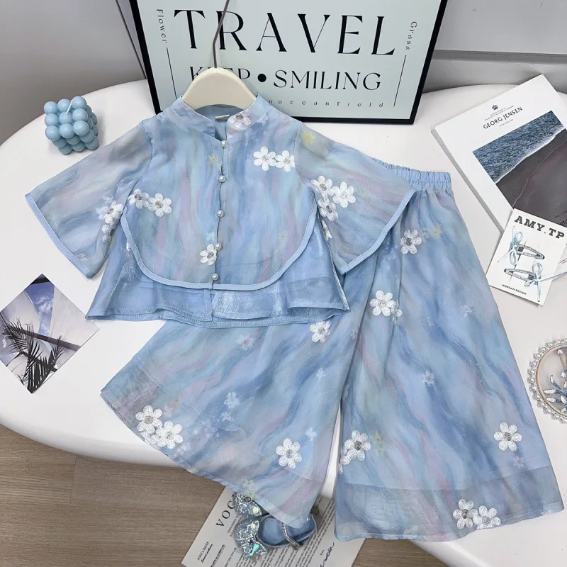 

2025New Style Girls' Summer Chinese Style Outfit Baby Sweet New Chinese Style Girl Ancient Style Top Pants Two-Piece Set