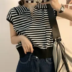 Summer Korean Fashion Casual Minimalist Loose Knitted Sleeveless Tank Top with Flip Collar Stripe Pocket Women's T-shirt Top