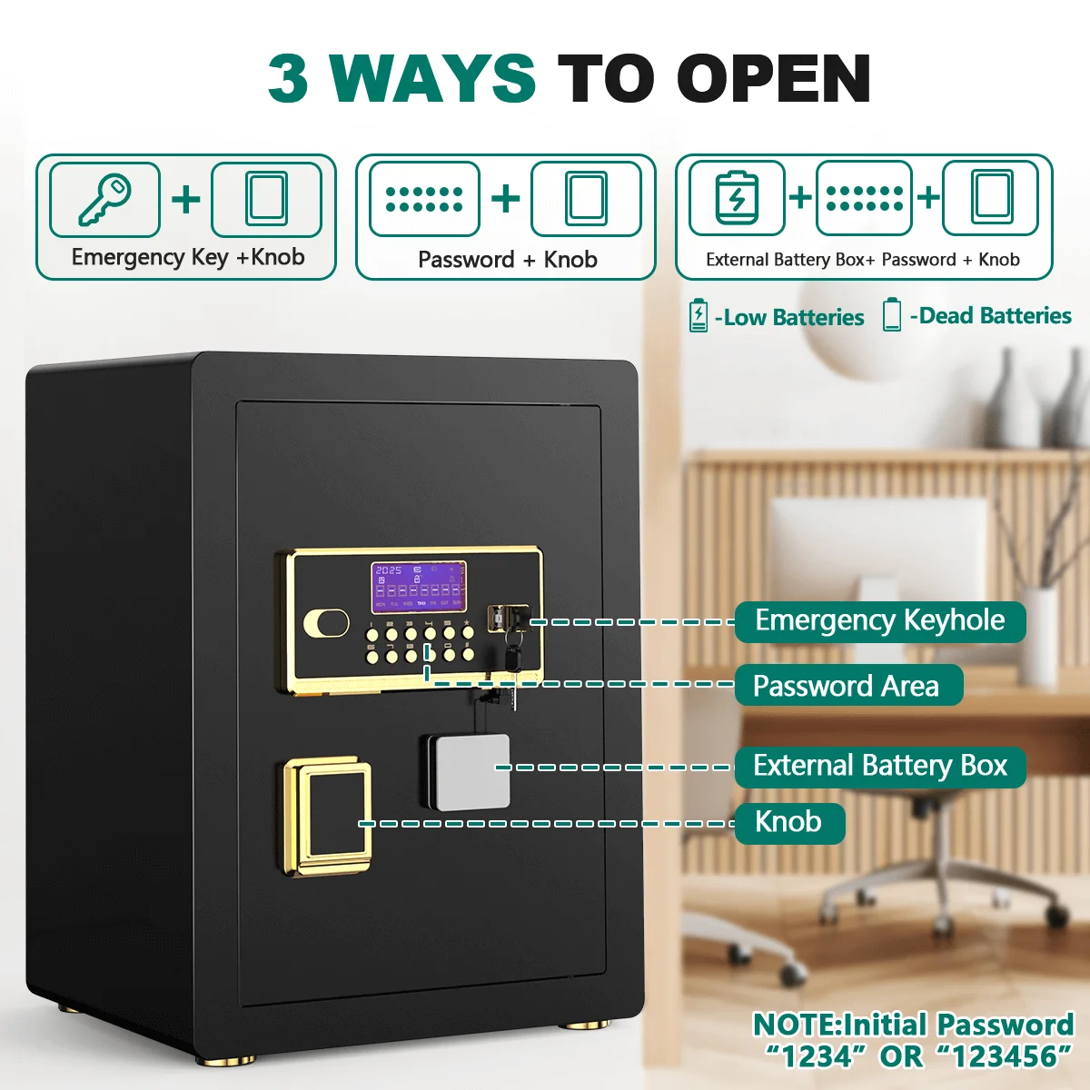 BESAFETY 4.5 Cuft Large Safe Box, Home Safe Security Box With Fireproof Document Bag, LCD Screen, Sensor Light Black