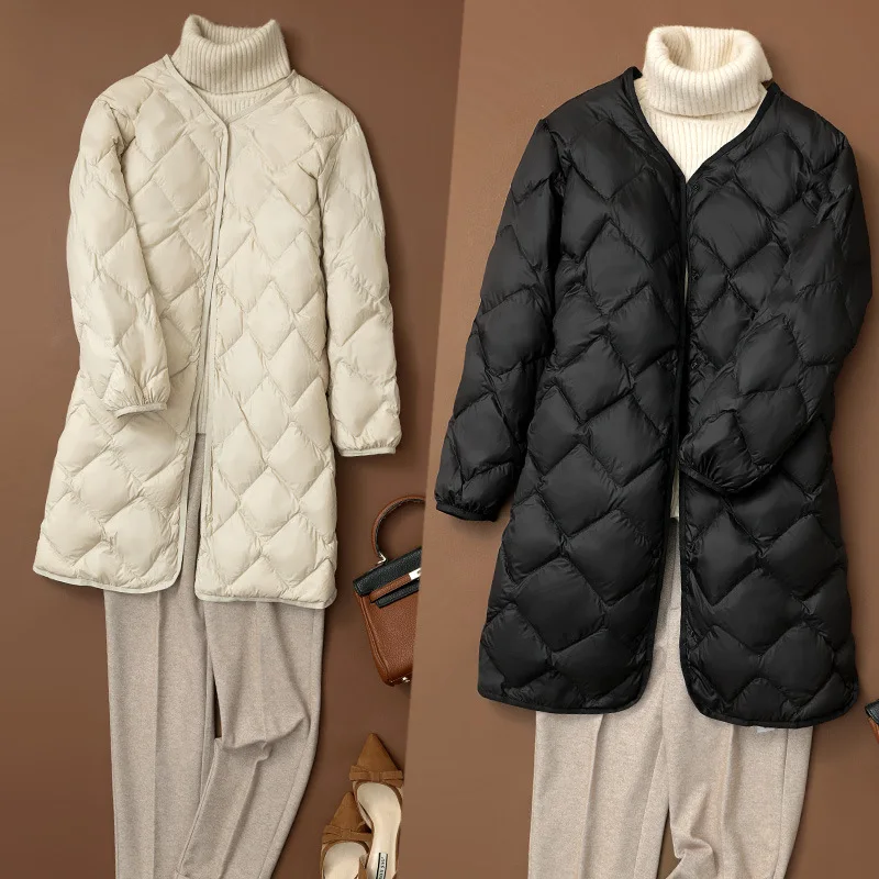 New Long Ultra Light Down Jacket Women Duck Down Coat Female Diamond Warm Lighteight O-neck Coat