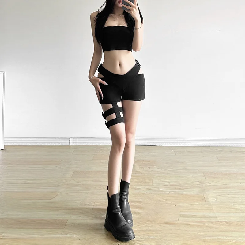 Nibber New Fashionable Women Baring Waist High Street All-match Tight Sexy Locomotive Hot Nightclub Cool Elastic Black Shorts