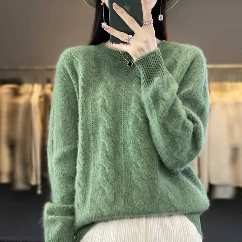 

100% Wool Sweater Women Winter Thick Warm O-Neck Pullover Clothes Twist Flower Cashmere Knitwear Casual Korean Popular Top