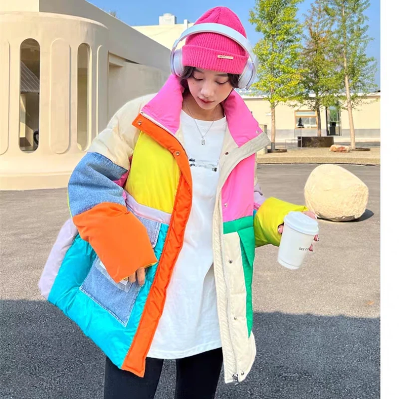 Women\'s Multicolor Duck Down Jacket, Large Pockets Down Jacket Korean Fashion Warm Commuting Versatile Coat Fall and Winter, New