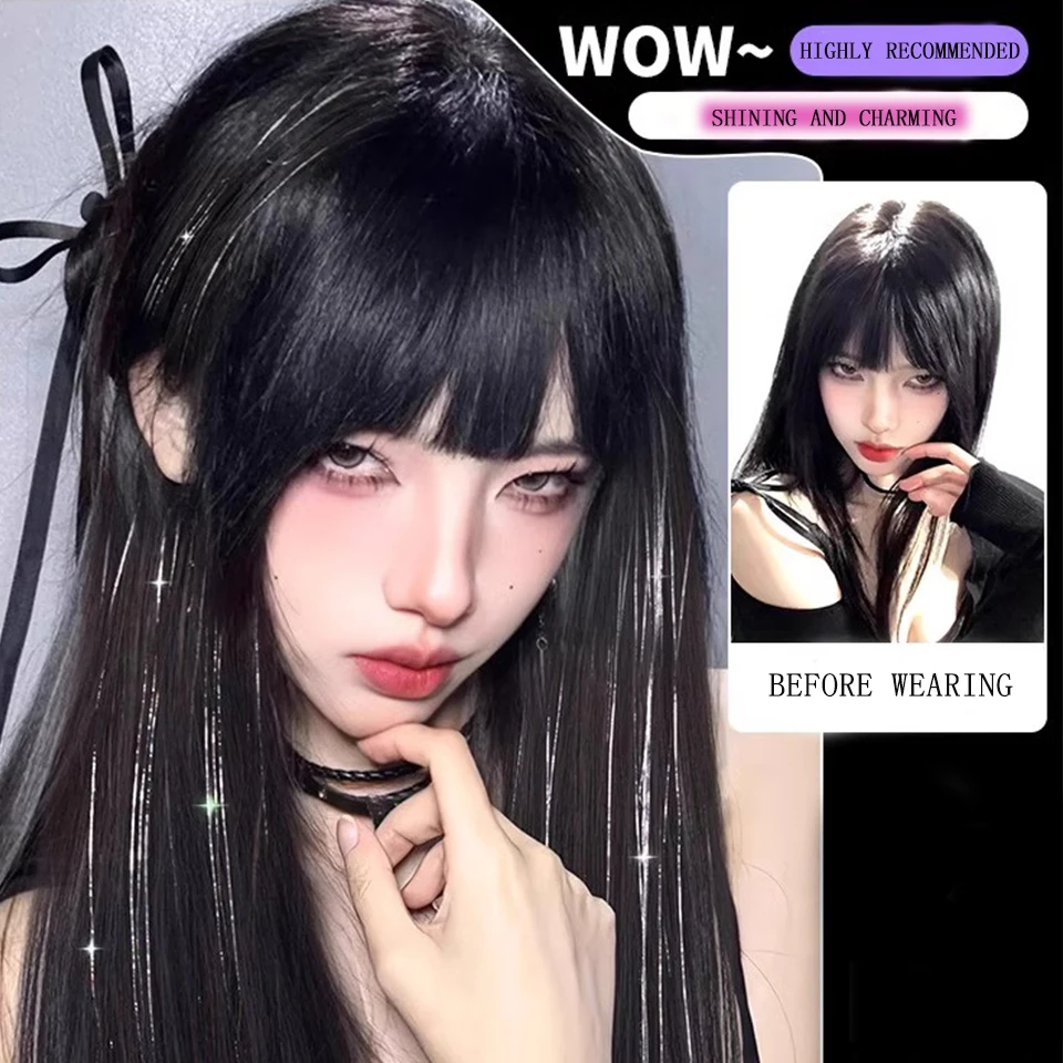 Ear-gantung Wig sintesis Laser warna-warni satu potong Wig artefak rambut bulu mulus wanita Grup hiasan kepala panggung Patch