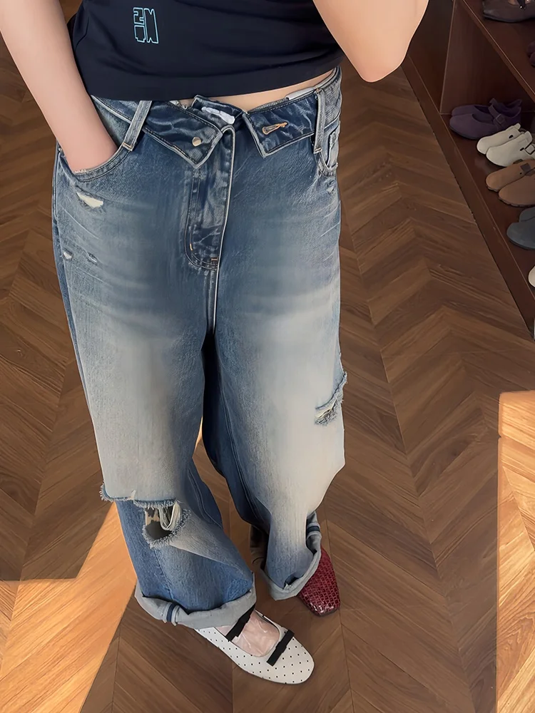 

American High Street Design High Waist Distressed Denim Pants Women Summer New Style Hot Girl Cuffed Ankle Length Jeans