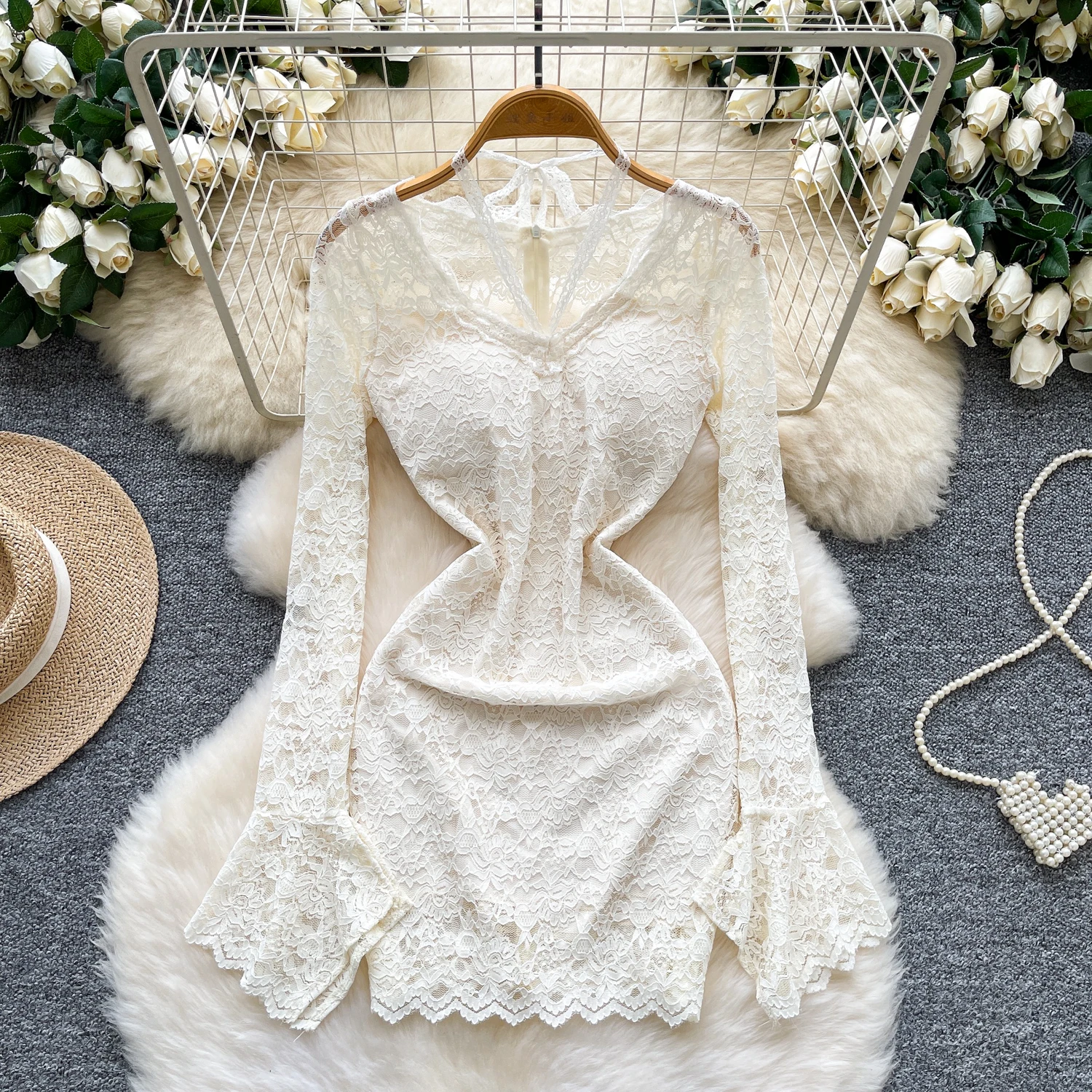 Elegancka sukienka ołówkowa z długim rękawem i wiązaniem na szyi, elegancka koreańska moda, sukienki, odzież damska