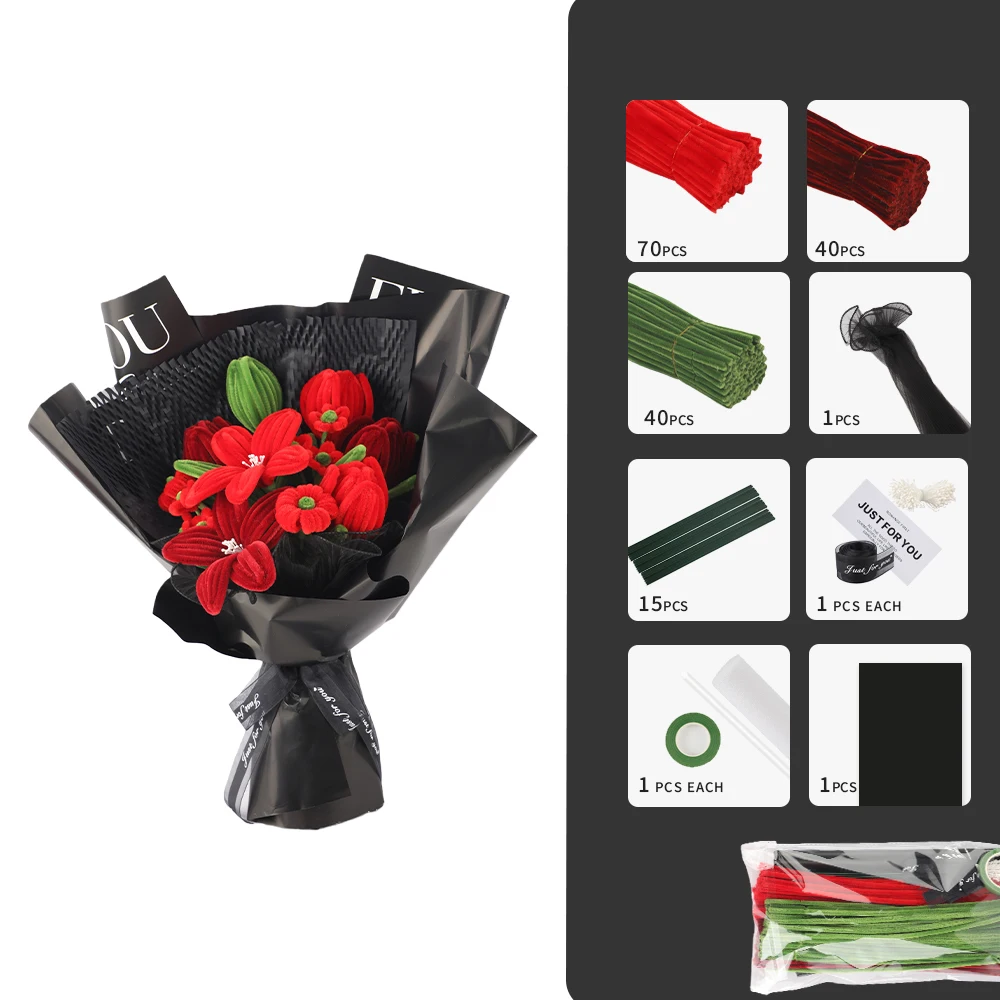 176pcs Red Tulip Lily Bouquet Set, Including Pipe Cleaners, Floral Stems, Tape, Glue Sticks, Cards, DIY Craft Supplies image 5