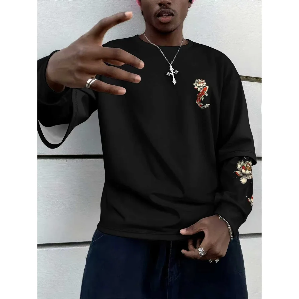 

American High Street Camouflage Splicing Prints Loose Fake Two-piece Long Sleeved T-shirt Round Neck Men's and Women's Street