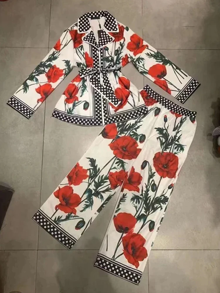 

2025 Autumn Women's retro geometric print lapel tie pajama shirt Two-piece set + High-waisted loose wide-leg long pants set