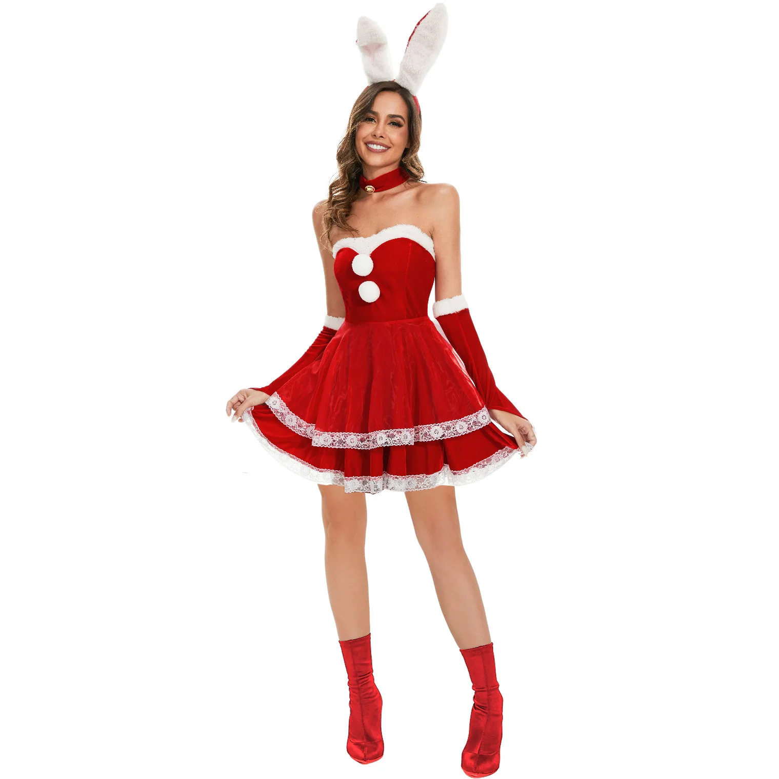 Costume cosplay da elfo di Natale da donna Abito da coniglietto Abito carino senza spalline Cappello da Babbo Natale Set Abiti da festa di Capodanno