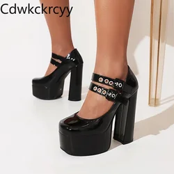 spring autumn fashion Round head Ultrahigh heel Women's Shoes Shallow mouth Buckle Square heel Mary Jane Women Shoes high 14cm