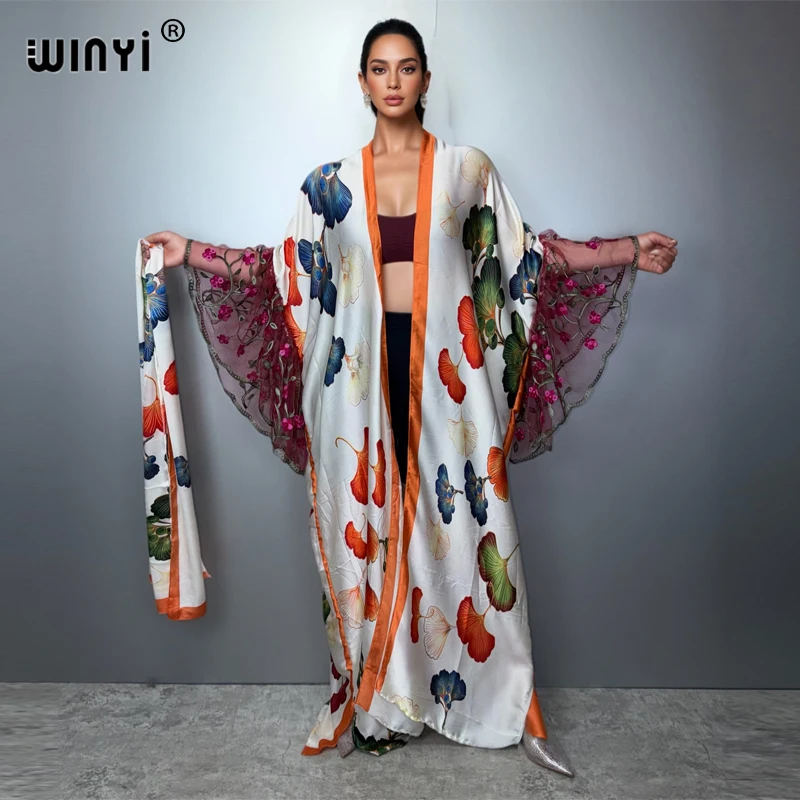 

WINYI 2026 Women's Kimono Long Sleeve Printed Bubble Hem Cardigan Boho Dress Caftan Luxury Beachwear Abaya Dubai Style Cover up