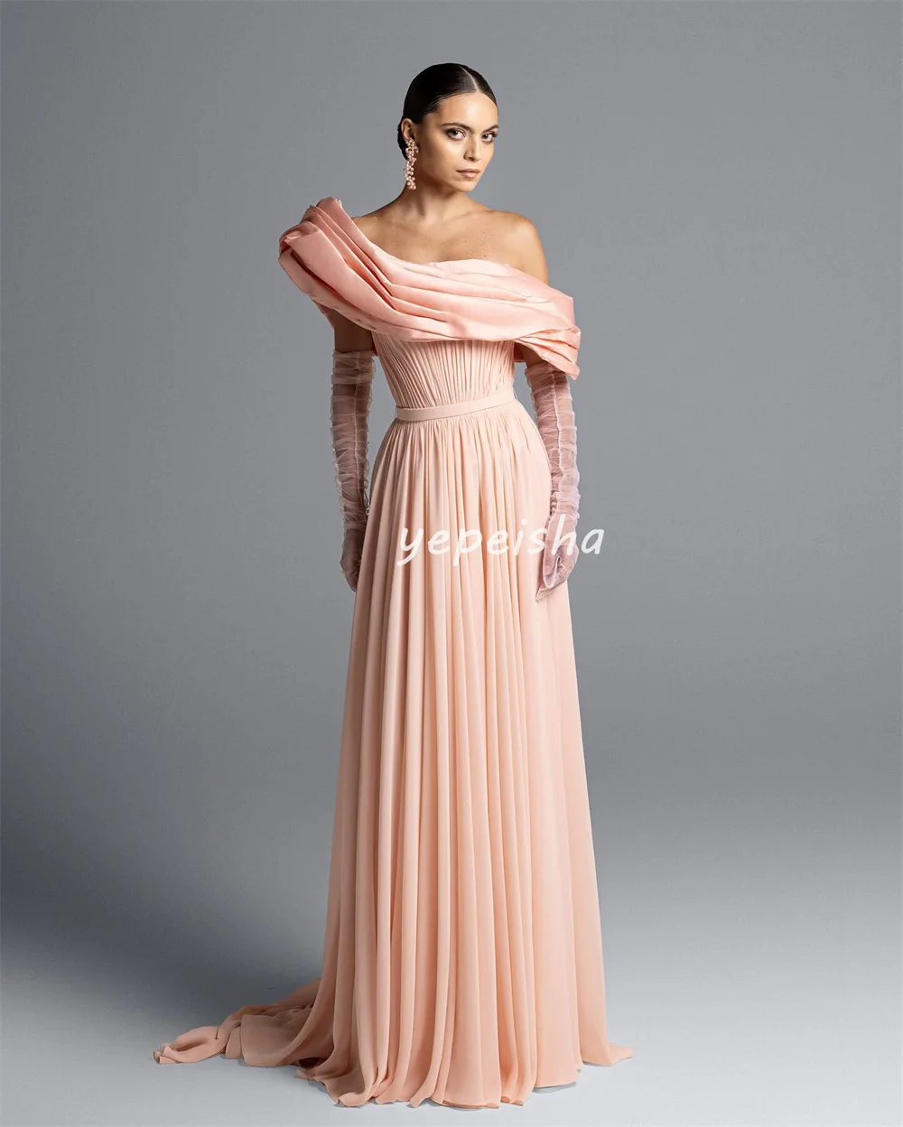 Customized High Quality Chiffon Pleat Draped Sash A-line Off-the-shoulder Long Dresses Bespoke Occasion Dresses Matching Classic