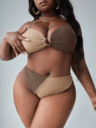Plus Two Tone Ring Detail Rib-knit High Waist Bikini 2026 Swimsuit Women Swimwear Bathers Bathing Swimming Swim Suit Beachwear