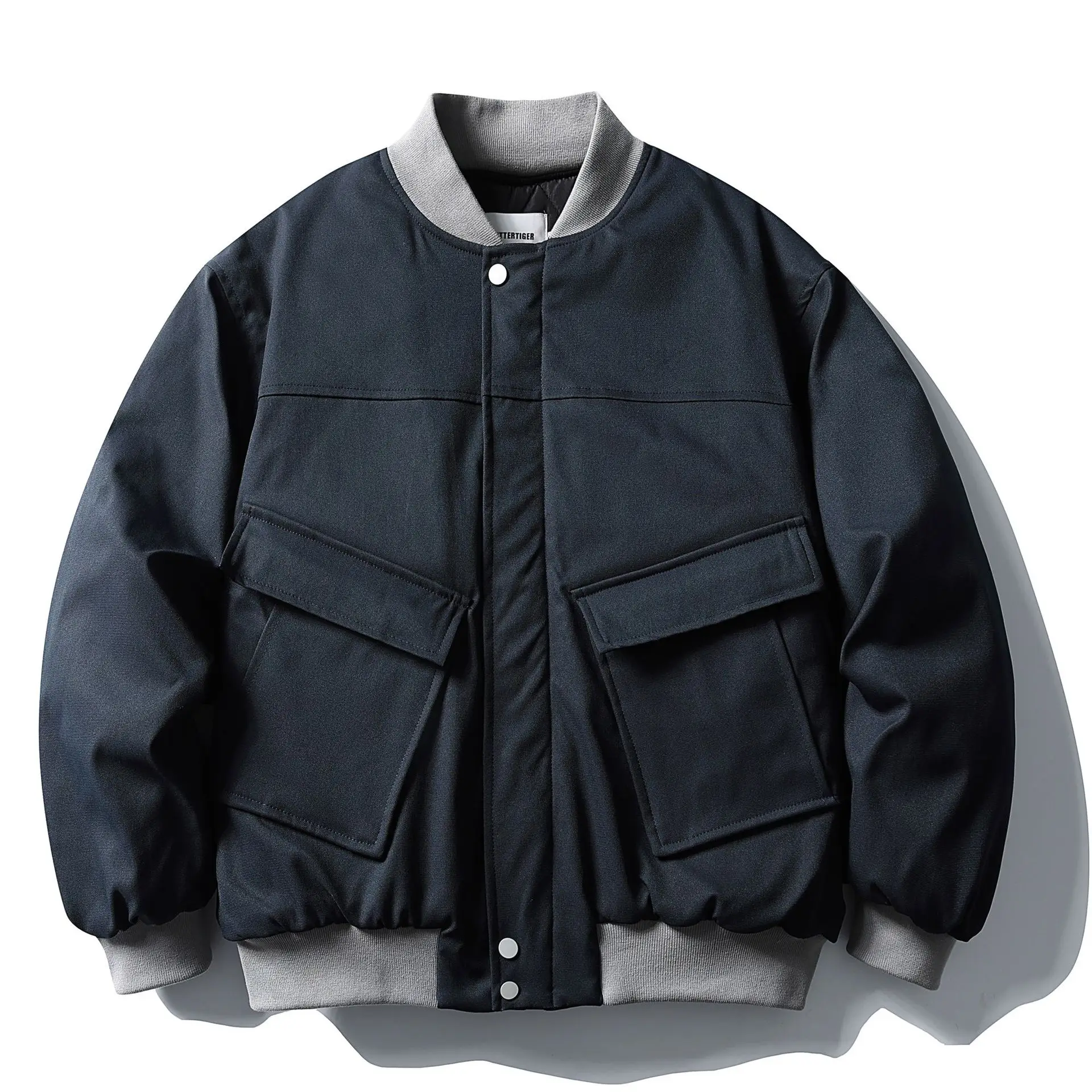 

American Retro Style Color-Block Baseball Collar Quilted Jacket with Large Pockets, Winter 2025 New Arrival Premium Cotton Coat