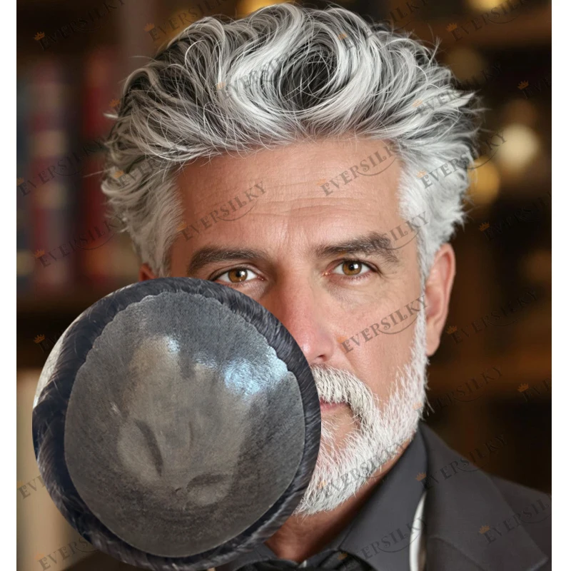

Grey Old Male HUman Hair Wigs Super Natural Hairline Undetectable 1B40 1B50 Brown Black Men Full Injection PU Base Toupee System