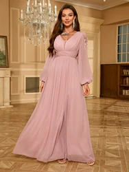 Unithorse Shoulder Embroidery Detail Decoration Lantern Sleeve High Slit Chiffon Bridesmaid Dress