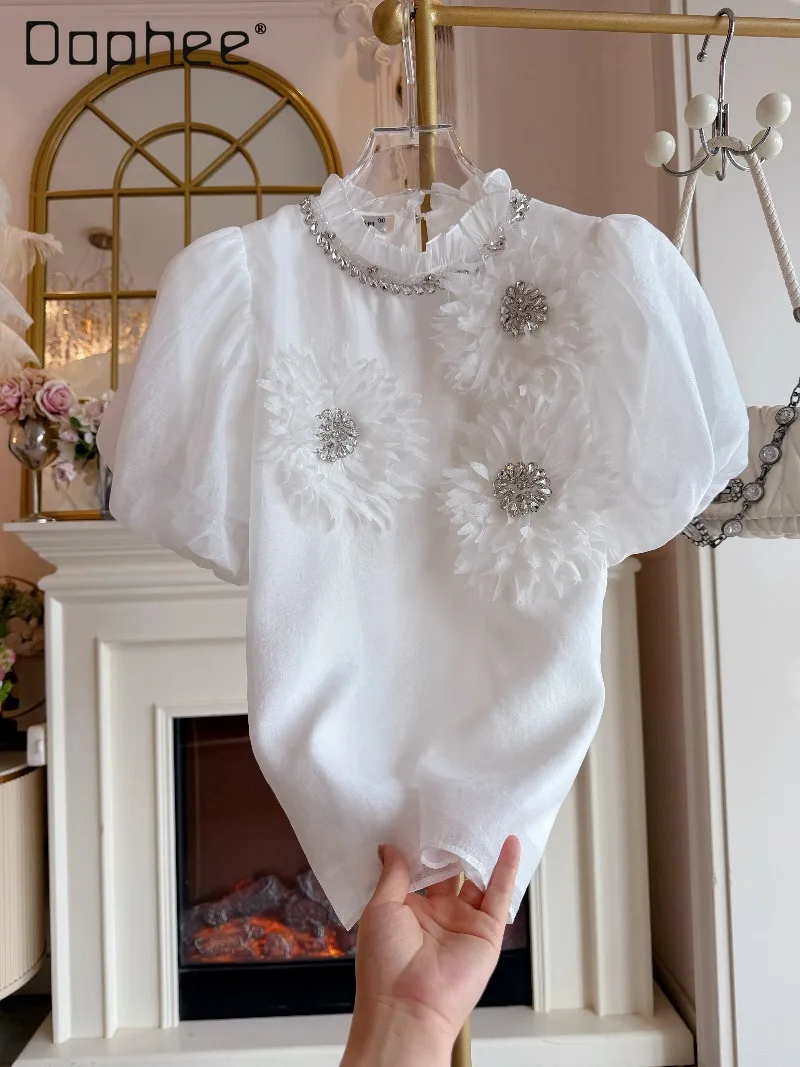 

Оригинальный дизайн: блузки с объемными цветами из бисера и страз, с круглым вырезом и пышными рукавами, в корейском стиле, трендовые, повседневные, универсальные топы