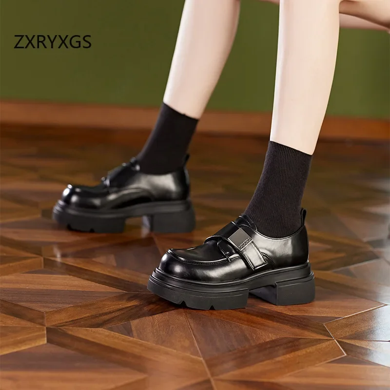 ZXRYXGS Black Cowhide Patent Leathe Shoes High Heels 2024 British Style Thick Sole Height Increasing Shoes Woman Single Shoes