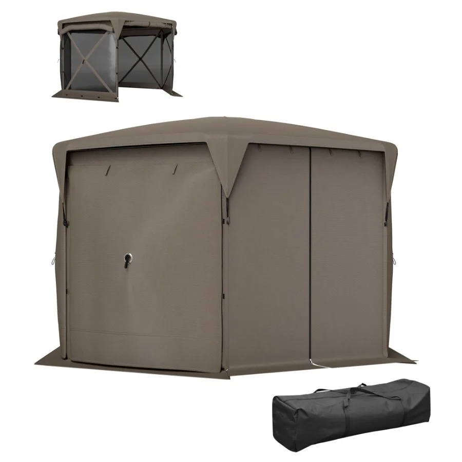 

11 x 11ft Pop Up Gazebo Screen Tent with Removable Roof Cover Rollup Wind Panels for Camping Backyard Brown