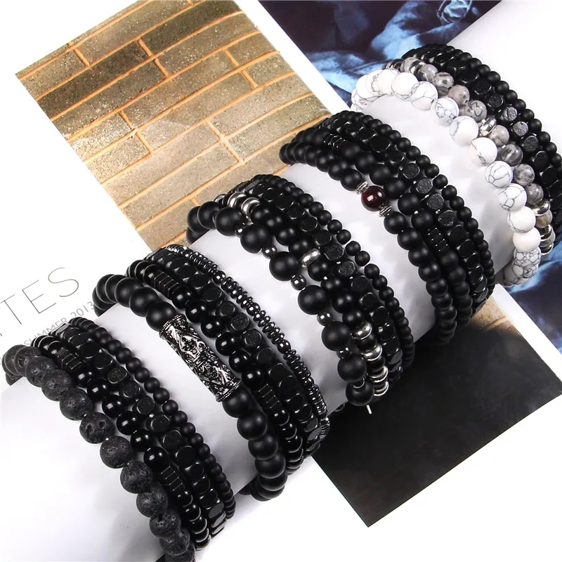 Männer Multilayer Stein Armband 4 Teile/satz Natürliche Schwarz Hämatit Vulkanischen Lava Stein Perle Elastische Armreif Vintage-Schmuck Geschenk – Detail 3