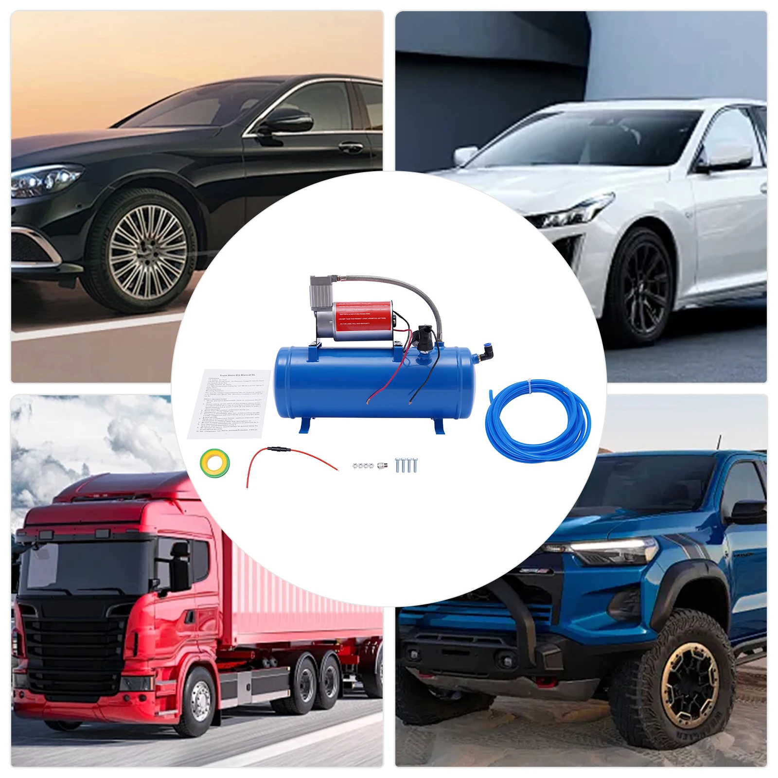 12V Portable Air Compressor Pump w/ 6L Large Tank Compact 3.8m Hose, for Emergency Tire Inflation, Engines, Boats