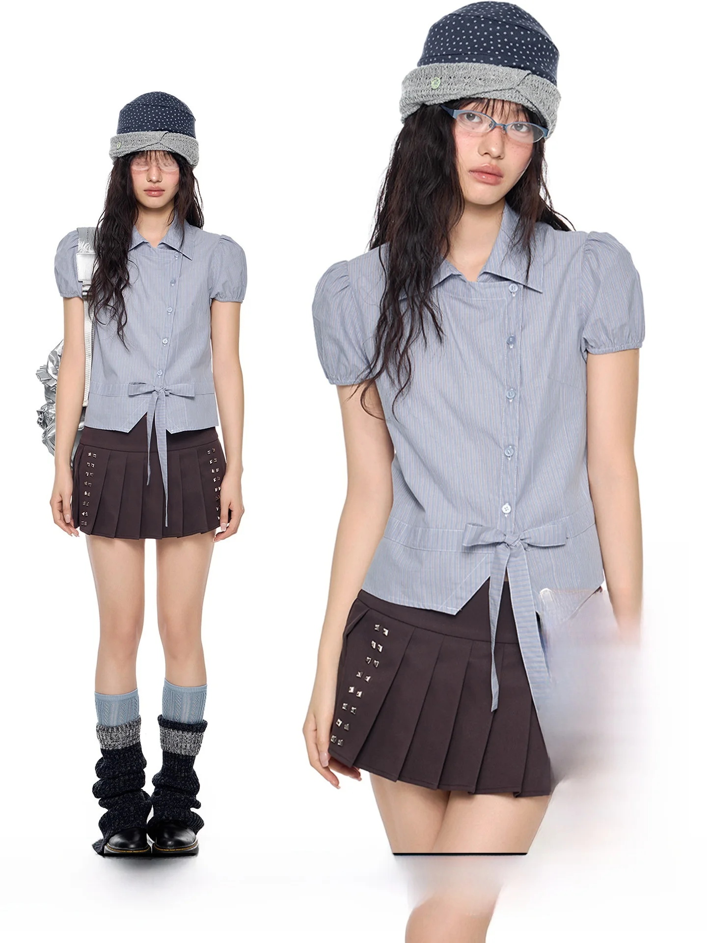 

EZEK Summer New Style Women's Slim Fit Short Sleeve Shirt Knot Bubble Sleeve Striped Casual Breathable Cotton Top