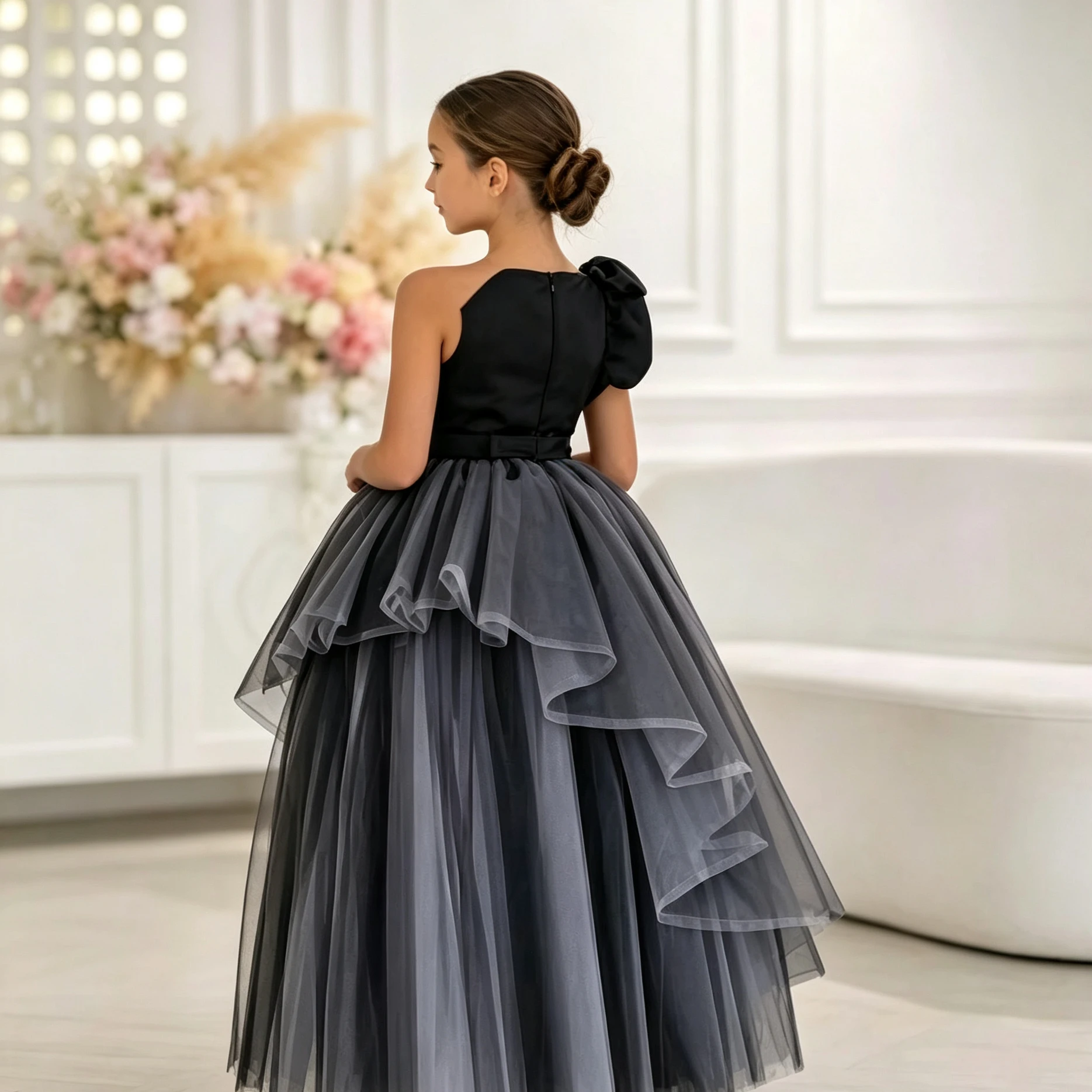 Customized Black Flower Girl Dress For Wedding Satin Tulle Sleeveless Floor Length Elegant Kids Birthday First Communion Gown
