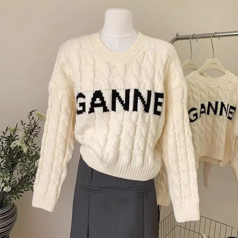 Korean New Fried Dough Twists Letter Long Sleeve Pullover Knits 2023 Spring Autumn Winter Short Sweaters Wear Women Inside