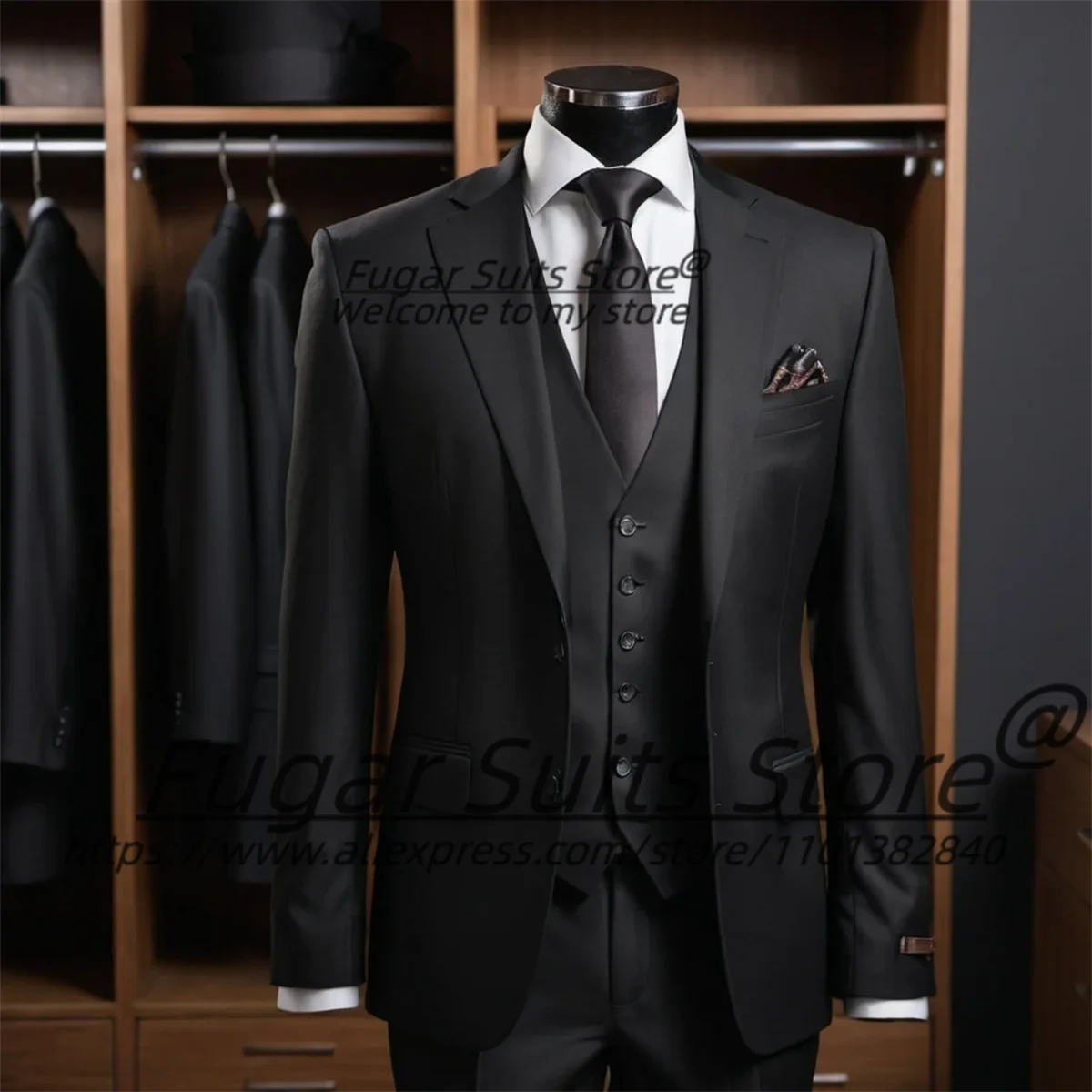 Classic Black Formal Men Suits Slim Fit Notched Lapel Groom Prom Party Tuxedos 3 Pieces Sets Business Male Blazers Costume Homme