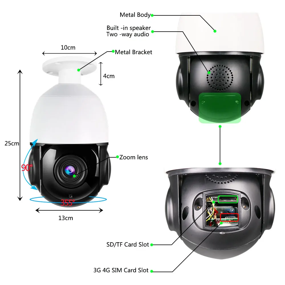 HD 5MP Sony335 3G 4G SIM-карта Беспроводная IP-камера наблюдения Wi-Fi PTZ Купольная 30-кратный автоматический зум Отслеживание человека Двустороннее аудио ИК 80M