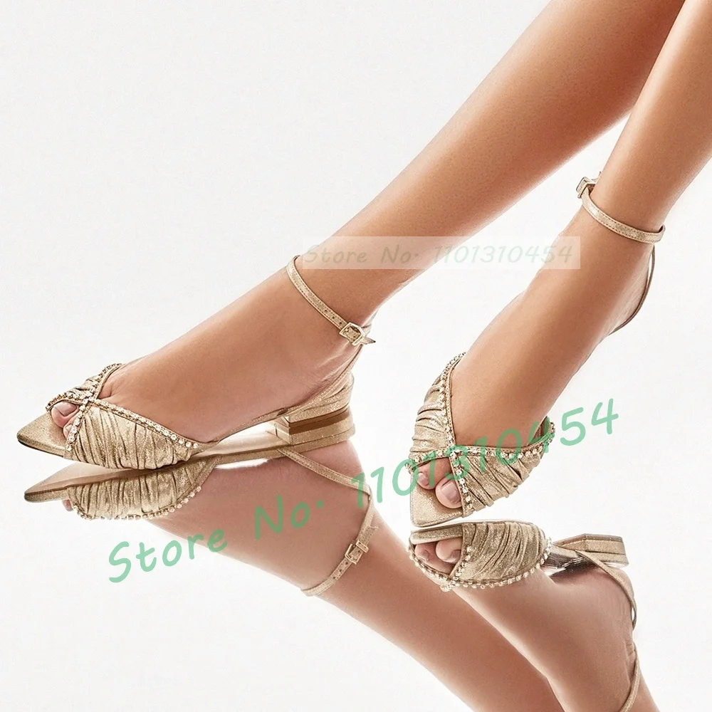 Old Gold Peep Toe Flat Sandals Women Bling Crystal-trim Open Pointed Elegant Shoes Ladies Comfy Pleated Design Shiny Sandals