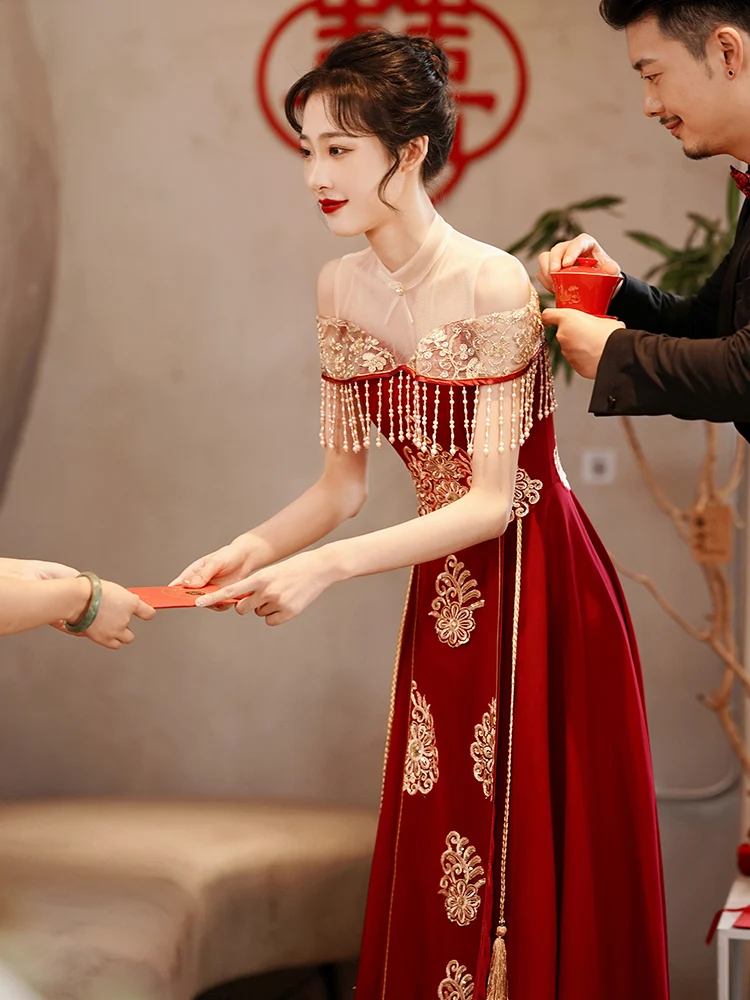 

Red Chinese Sle Wedding Dr Xisimery ort Sve Long Gown U-Ne Embroidered Evening Gown for Women Marriage Par